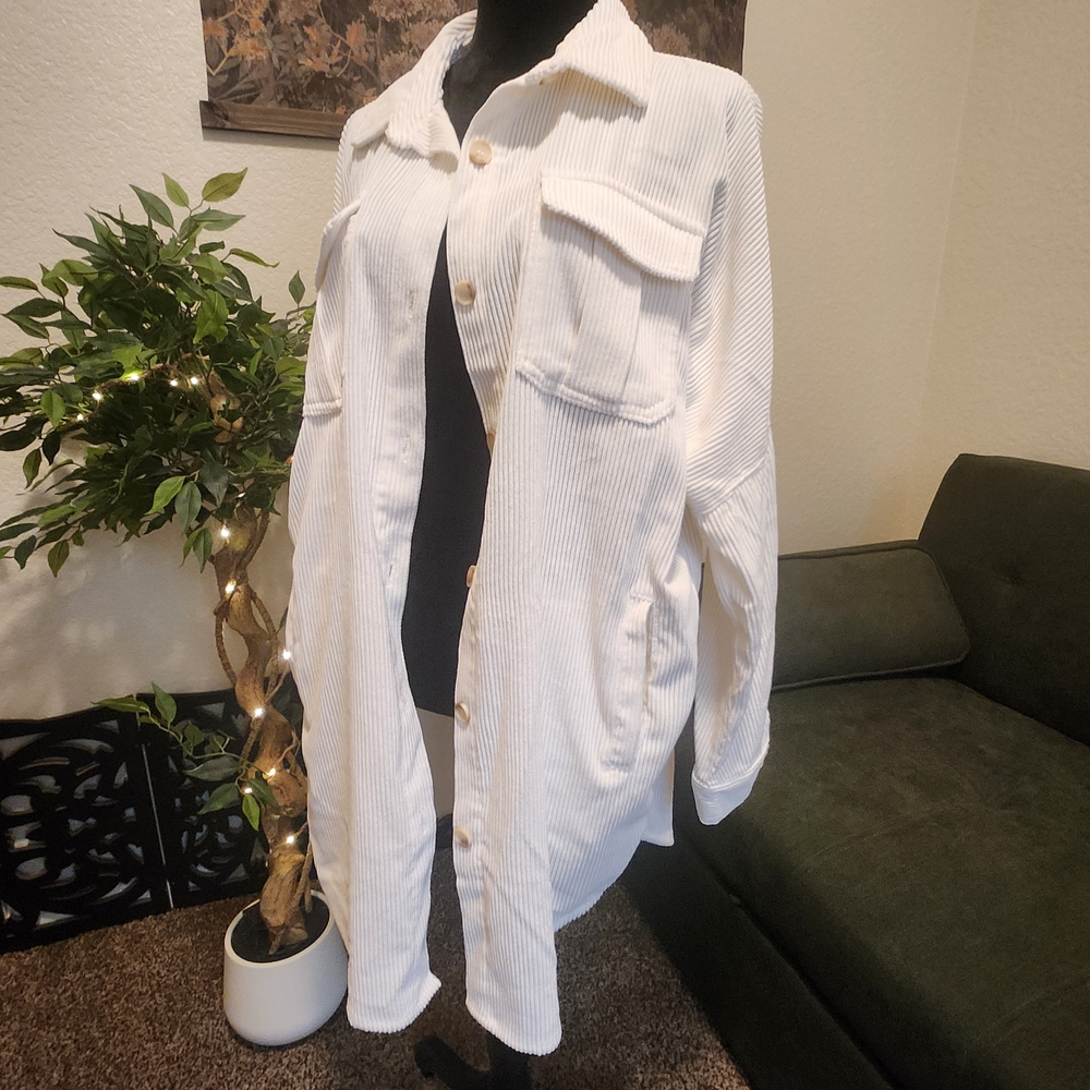 Cream Button Up Corduroy Tunic With Pockets